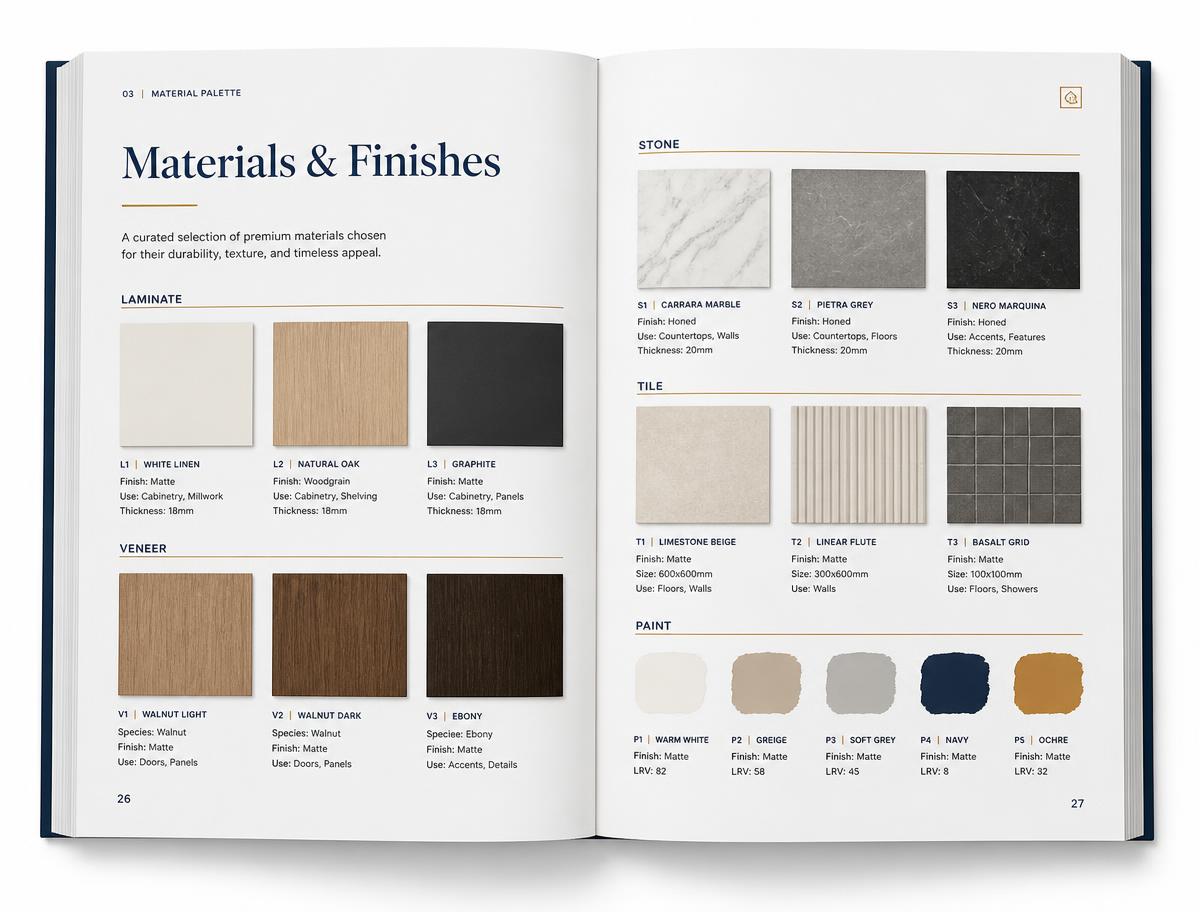 Material and finish selection pages